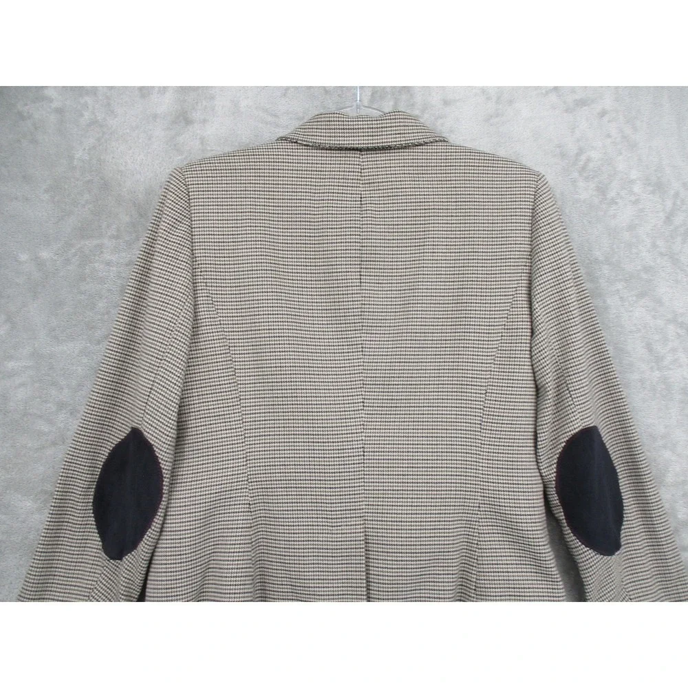 British Khaki Blazer Womens Medium Houndstooth Elbow Patch Academia Preppy Lined - Picture 7 of 10